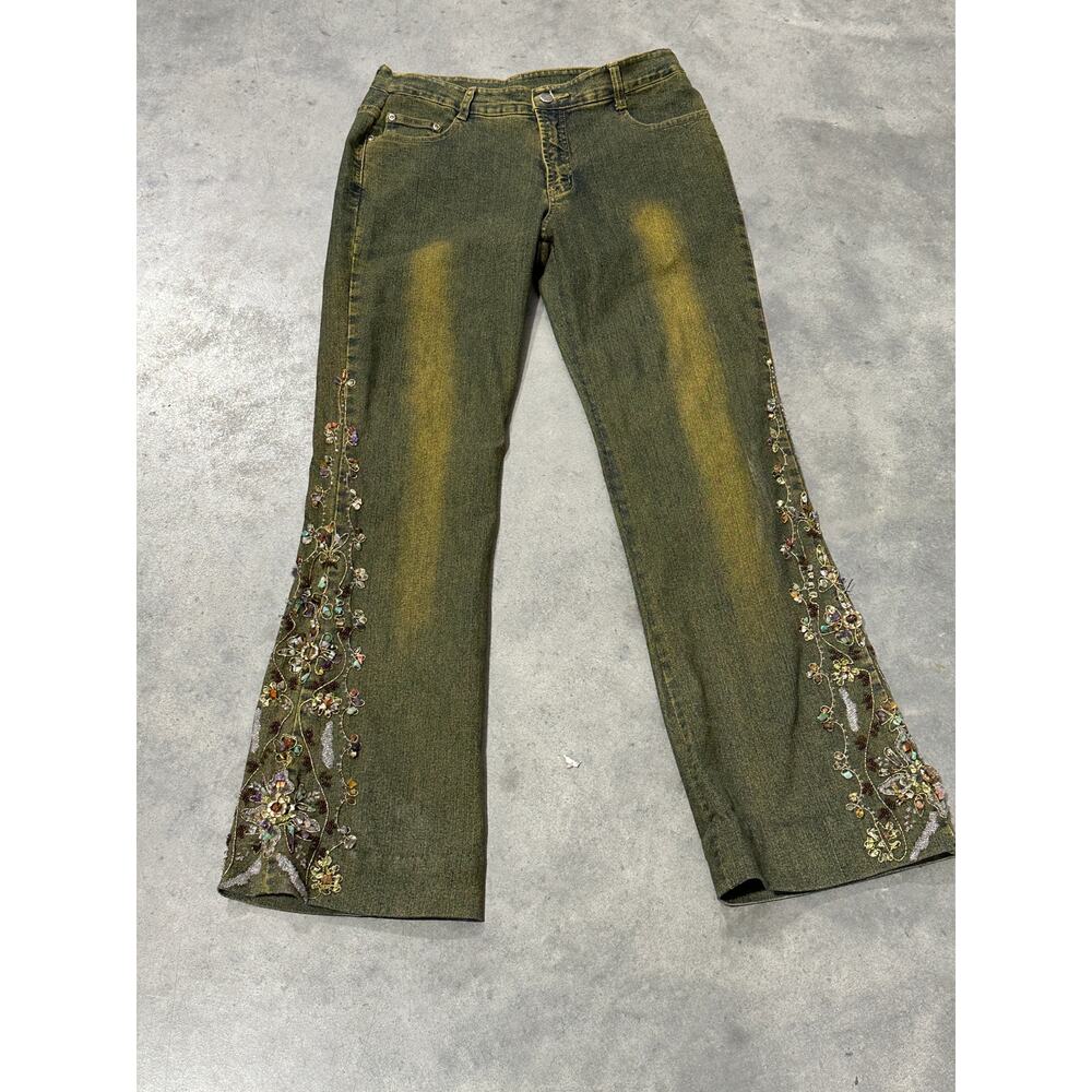 AZI Green Flared Jeans Pants 32 Boho Hippie Beaded Embroidery ~ 260423-WH 414